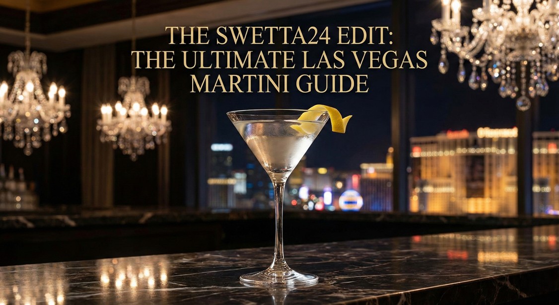 A luxurious martini with an olive garnish on a dark marble bar in Las Vegas