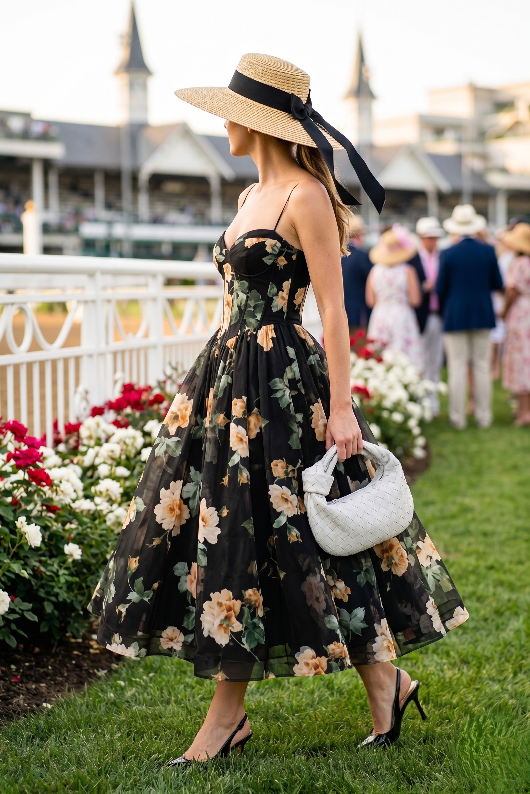 Midnight in the Paddock - Black corseted floral dress