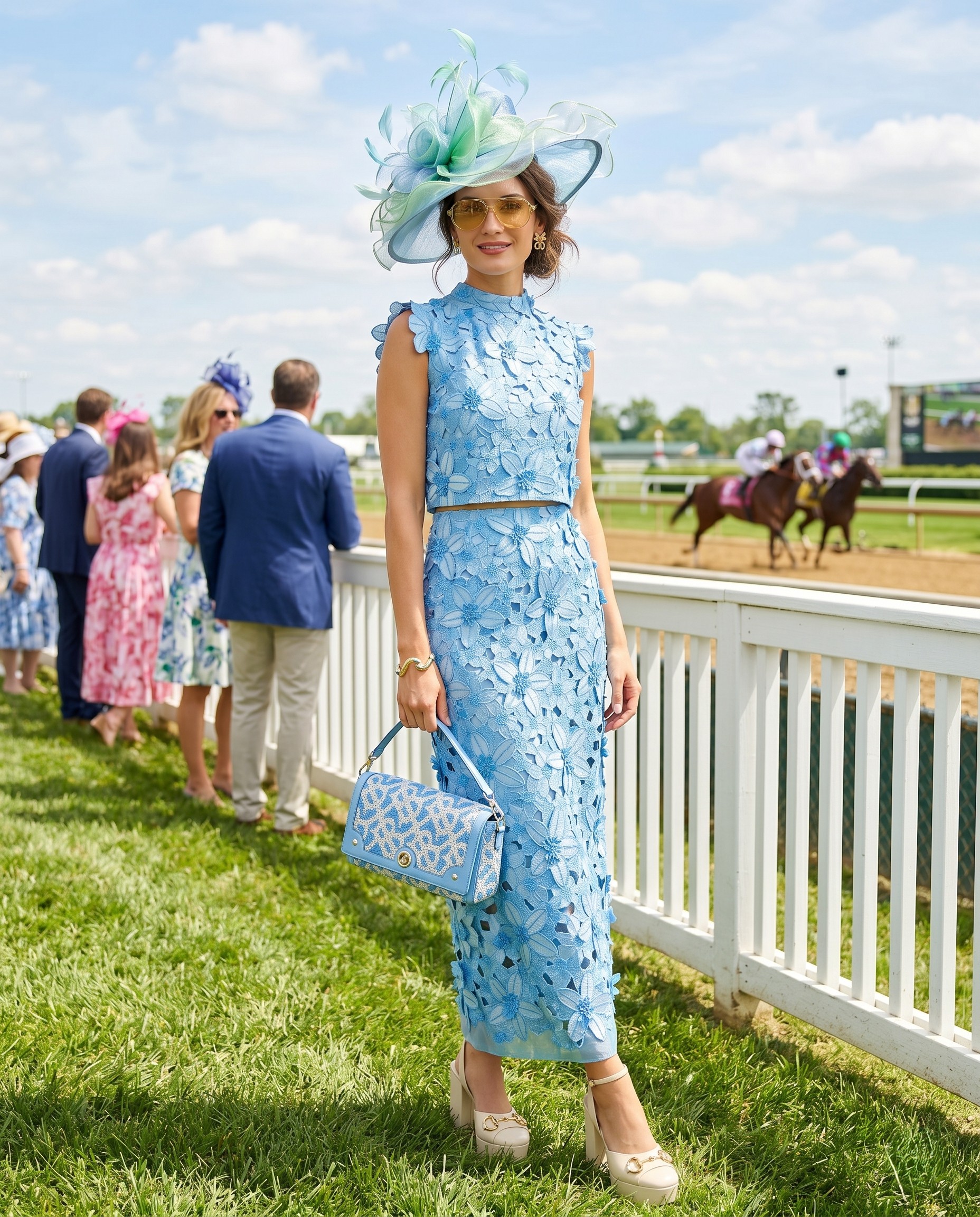Architectural Azure - Sky blue textural lace matching set