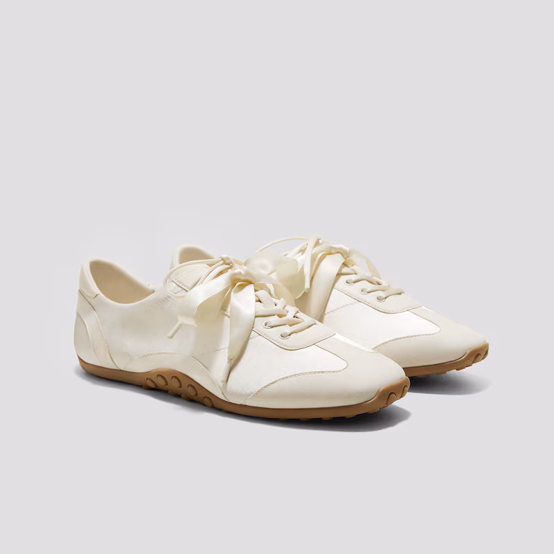 Close up of Prada ballet sneakers detailing
